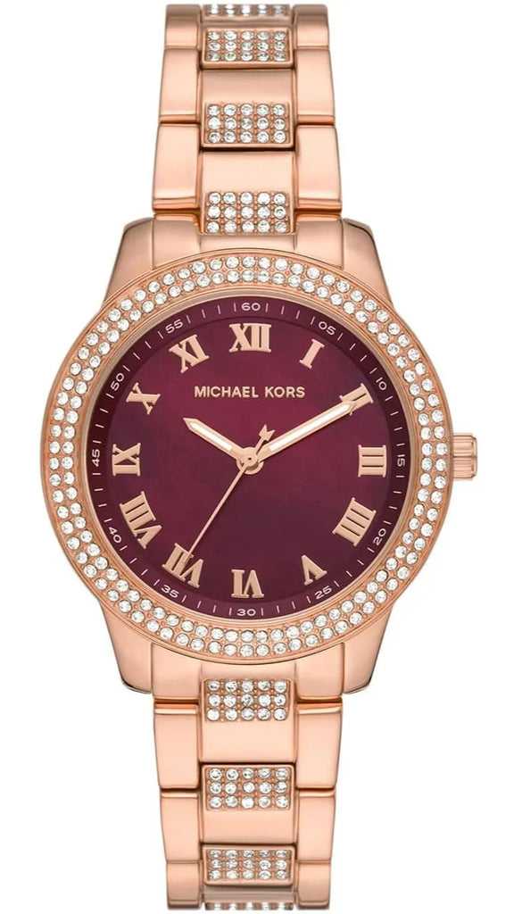 MK Tibby Multifunction Crystals Maroon Dial Rose Gold Steel Strap Watch for Women - MK4685