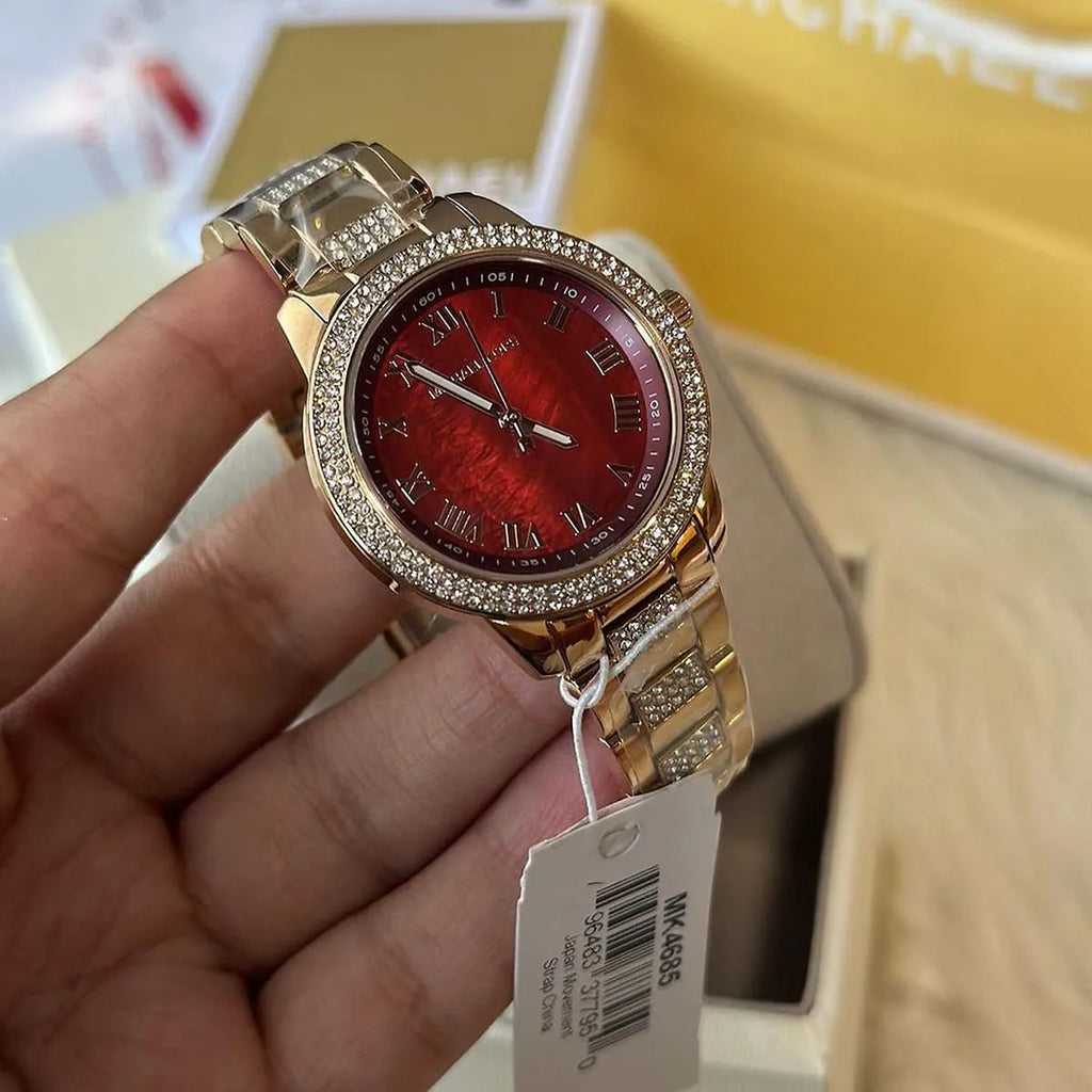 MK Tibby Multifunction Crystals Maroon Dial Rose Gold Steel Strap Watch for Women - MK4685