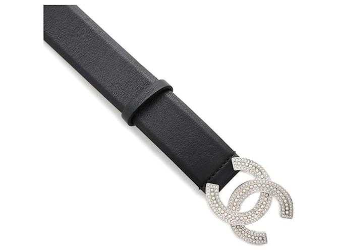Ch@nel Black Leather Belt with Faux Pearl and Rhinestone En cuir