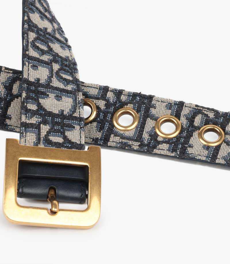 Christian Di*r Ceinture Diorquake 75 en toile et cuir de veau avec monogramme bleu