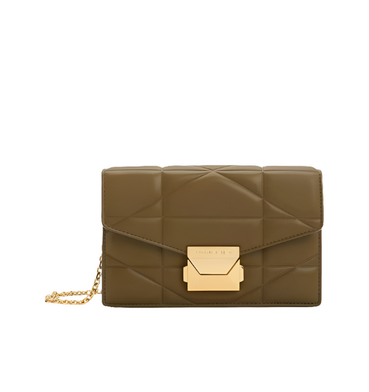 Blanche Chevron Chain-Strap Clutch - Khaki