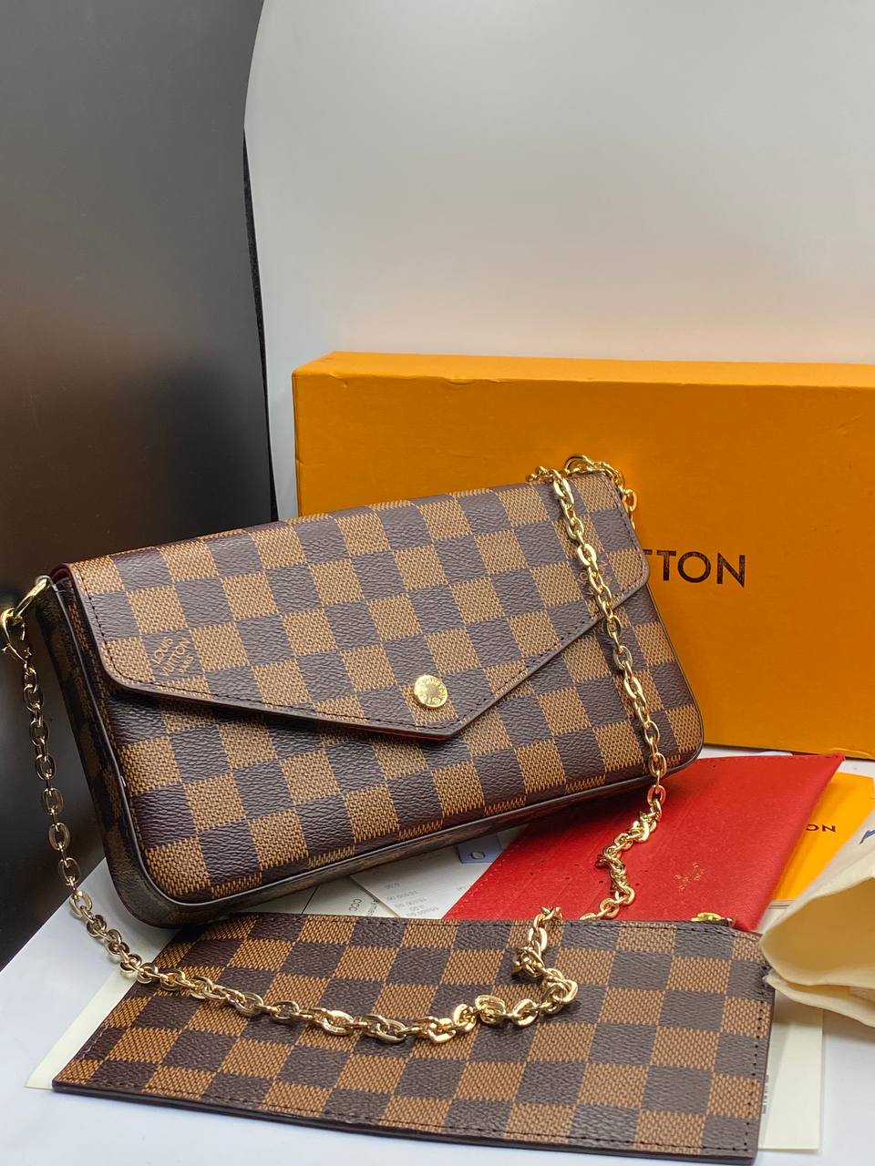 LV N63032 Pochette Felicie Chain Wallet Damier Ebene Canvas