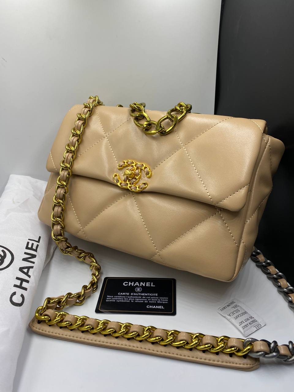 Ch@nel 19 Large Beige Lambskin Leather