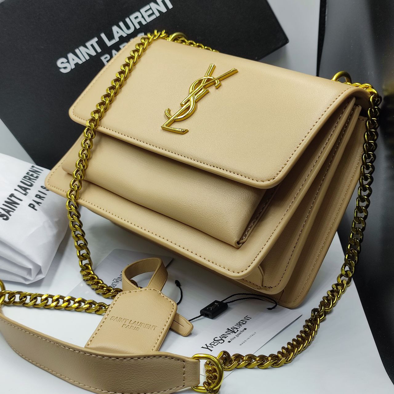 S@int Laurent sunset medium  cross-body bag beige gold