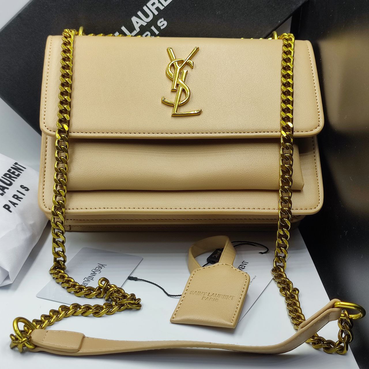 S@int Laurent sunset medium  cross-body bag beige gold