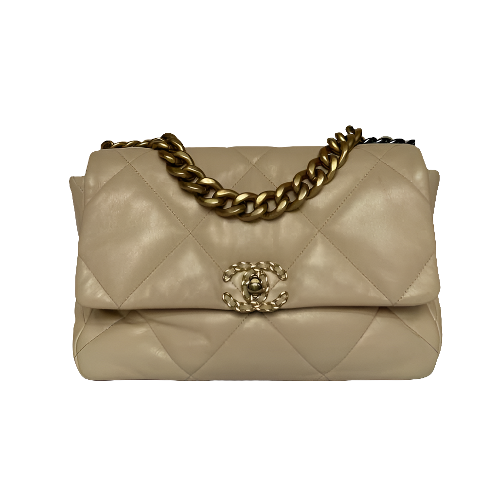 Ch@nel 19 Large Beige Lambskin Leather