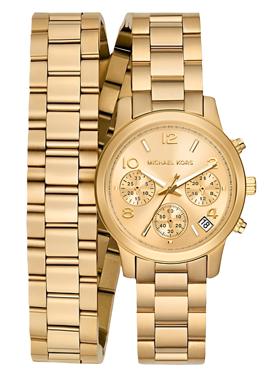 Montre chronographe analogique Mich@el Kors Runway avec cadran doré et bracelet en acier doré pour femme - MK7452