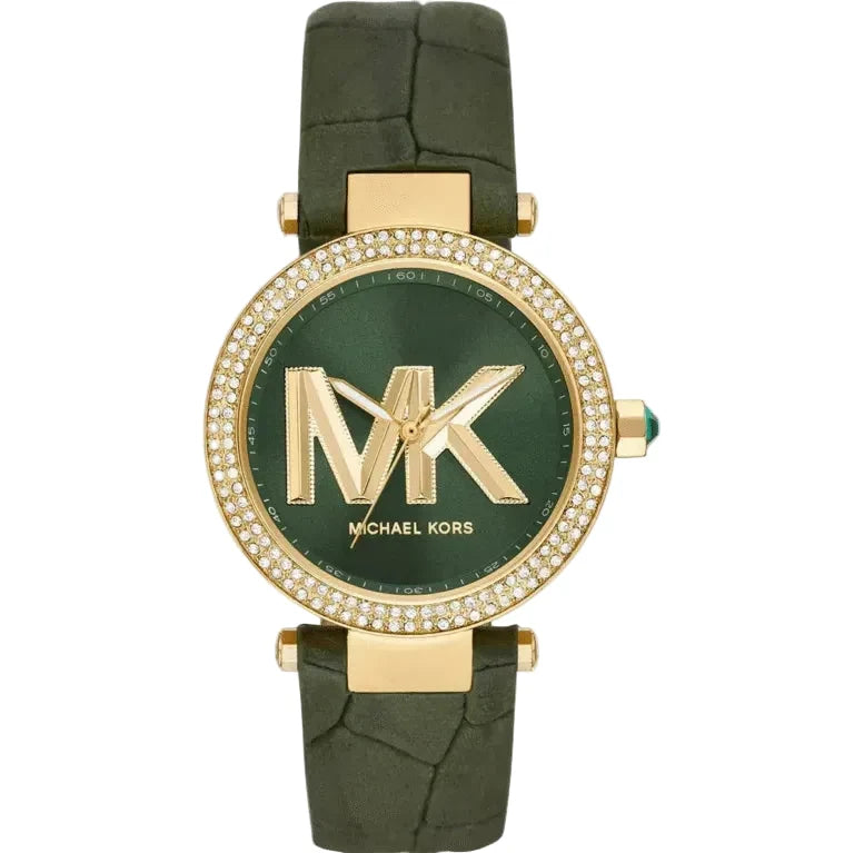 Michael Kors Parker MK4724 Dorée 39 mm, Cadran Vert Logo MK et Bracelet Cuir Vert