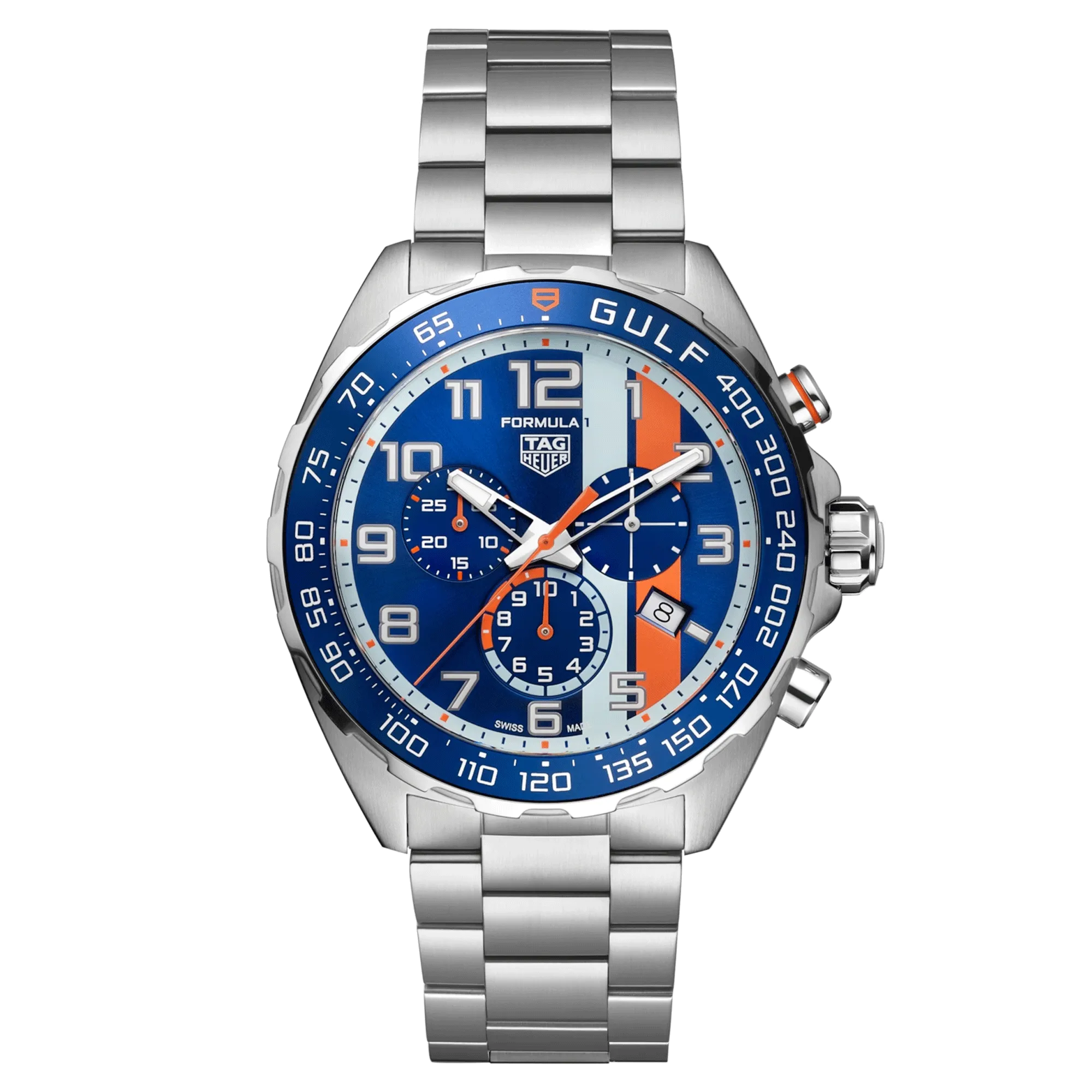Montre TAG Heuer Formula 1 x Gulf Chronographe quartz cadran bleu bracelet acier 43 mm