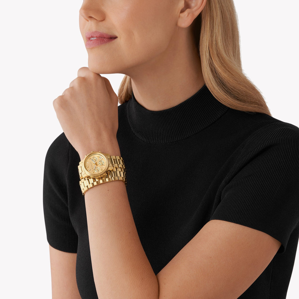 Montre chronographe analogique Mich@el Kors Runway avec cadran doré et bracelet en acier doré pour femme - MK7452