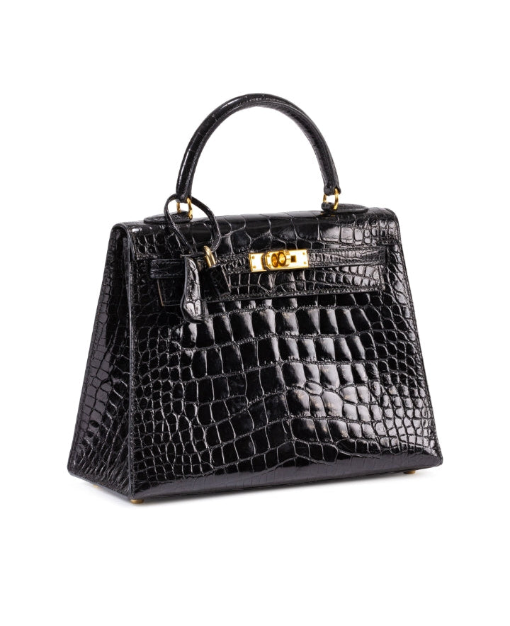 HRMS Sac Kelly 28 Sellier en alligator Mississippiensis noir brillant