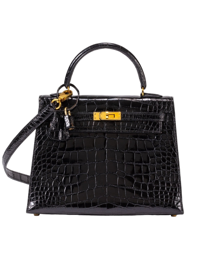 HRMS Sac Kelly 28 Sellier en alligator Mississippiensis noir brillant