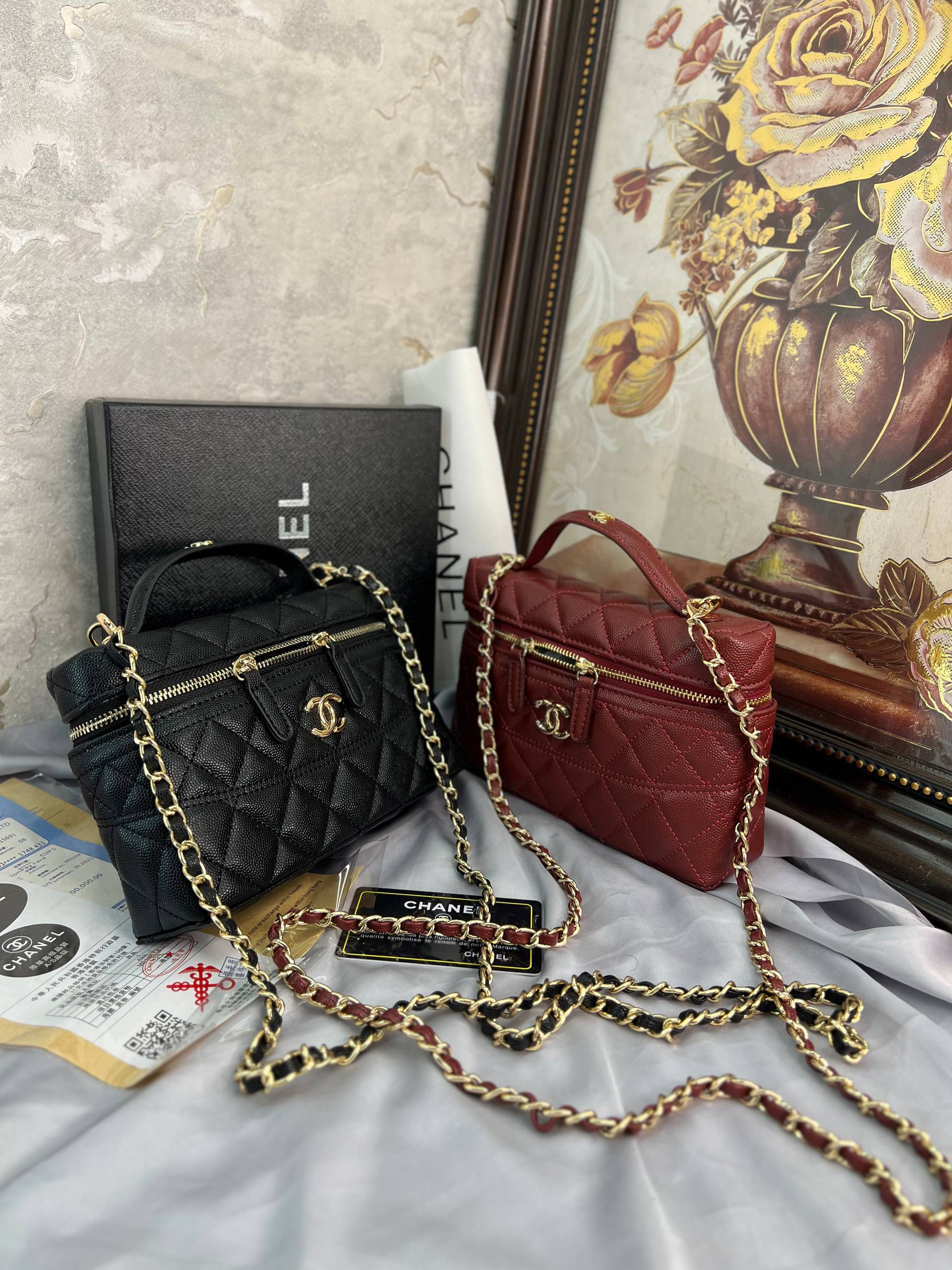 Sac à main long Ch@nel CC avec poignée supérieure et chaîne,caviar noir et finitions or clair