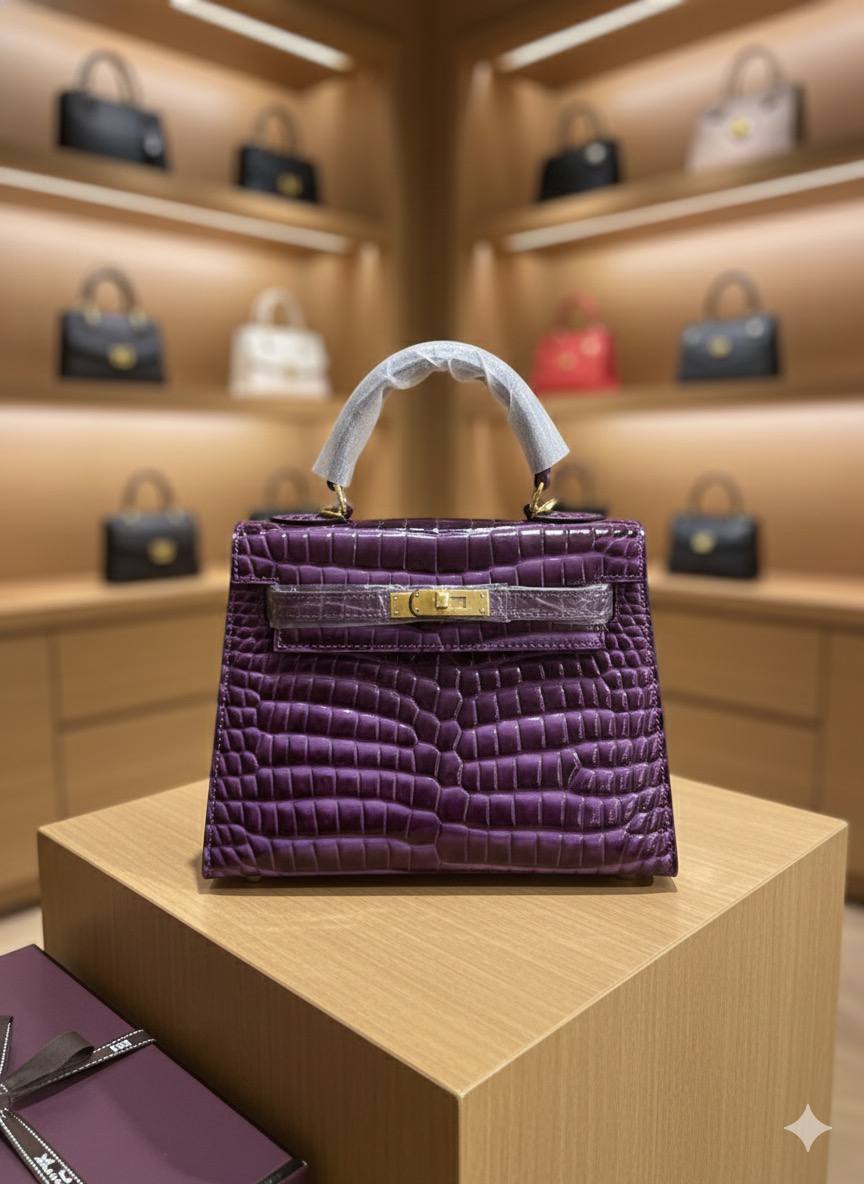 HRMS Kelly 28 Cassis Sellier Alligator Mississippi Lisse Gold