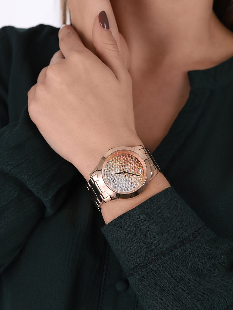Montre Guess Crush avec cadran en or rose et bracelet en acier or rose pour femme - GW0020L3