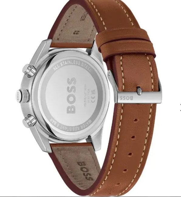 Montre Boss SKYTRAVELLER Montre chronographe à cadran noir et bracelet en cuir marron