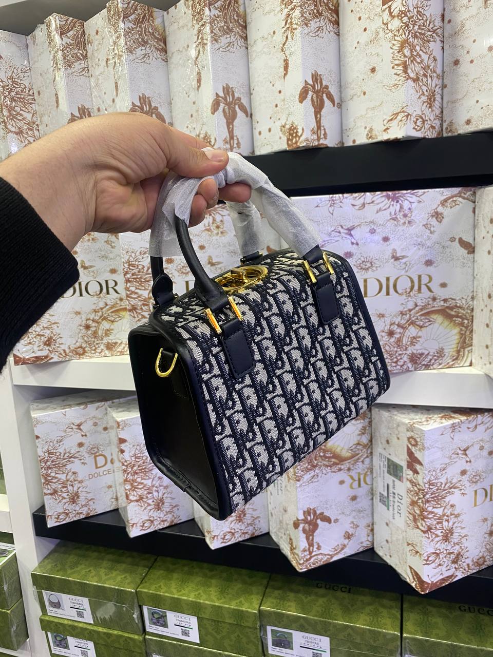 Di*r Small Boston Bag Blue Di*r Oblique Embroidery