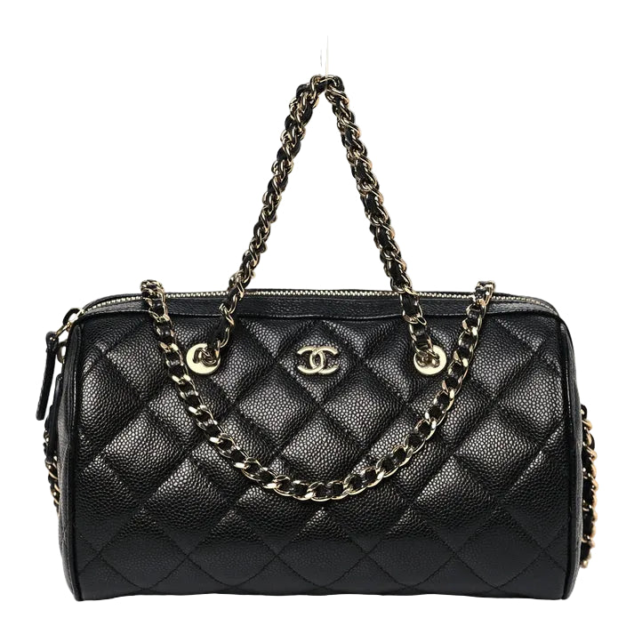 Chanel Pochette cylindrique matelassée Caviar avec chaîne, noire