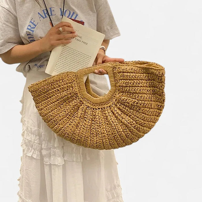 YSL Grand sac à main demi-lune en paille Naïa