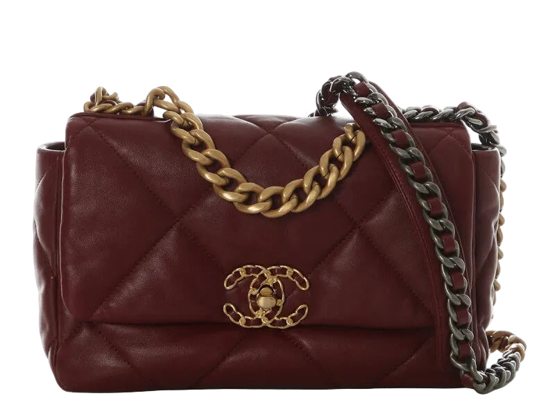 Chanel Sac à rabat « 19 » Medium en cuir d'agneau matelassé bordeaux