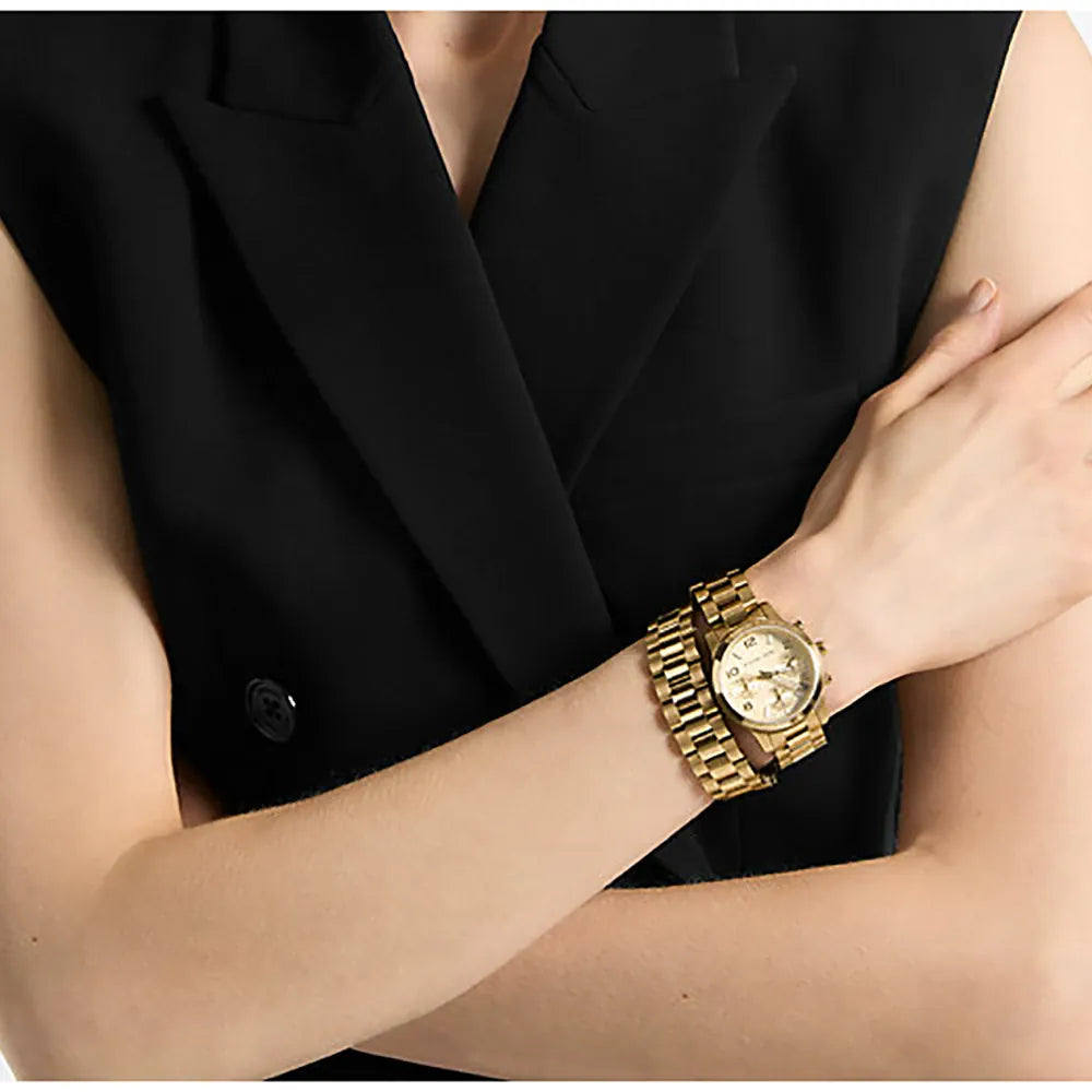 Montre chronographe analogique Mich@el Kors Runway avec cadran doré et bracelet en acier doré pour femme - MK7452