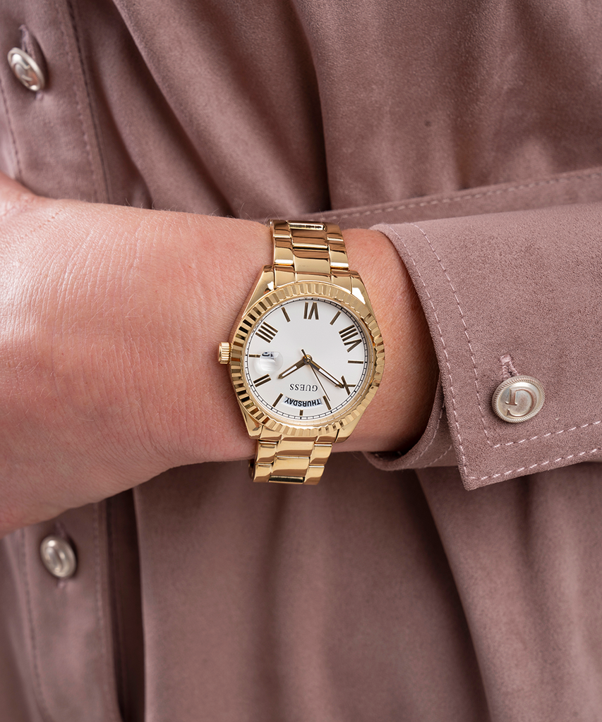 Montre Gûess Luna avec cadran blanc et bracelet en acier doré pour femme - GW0308L2