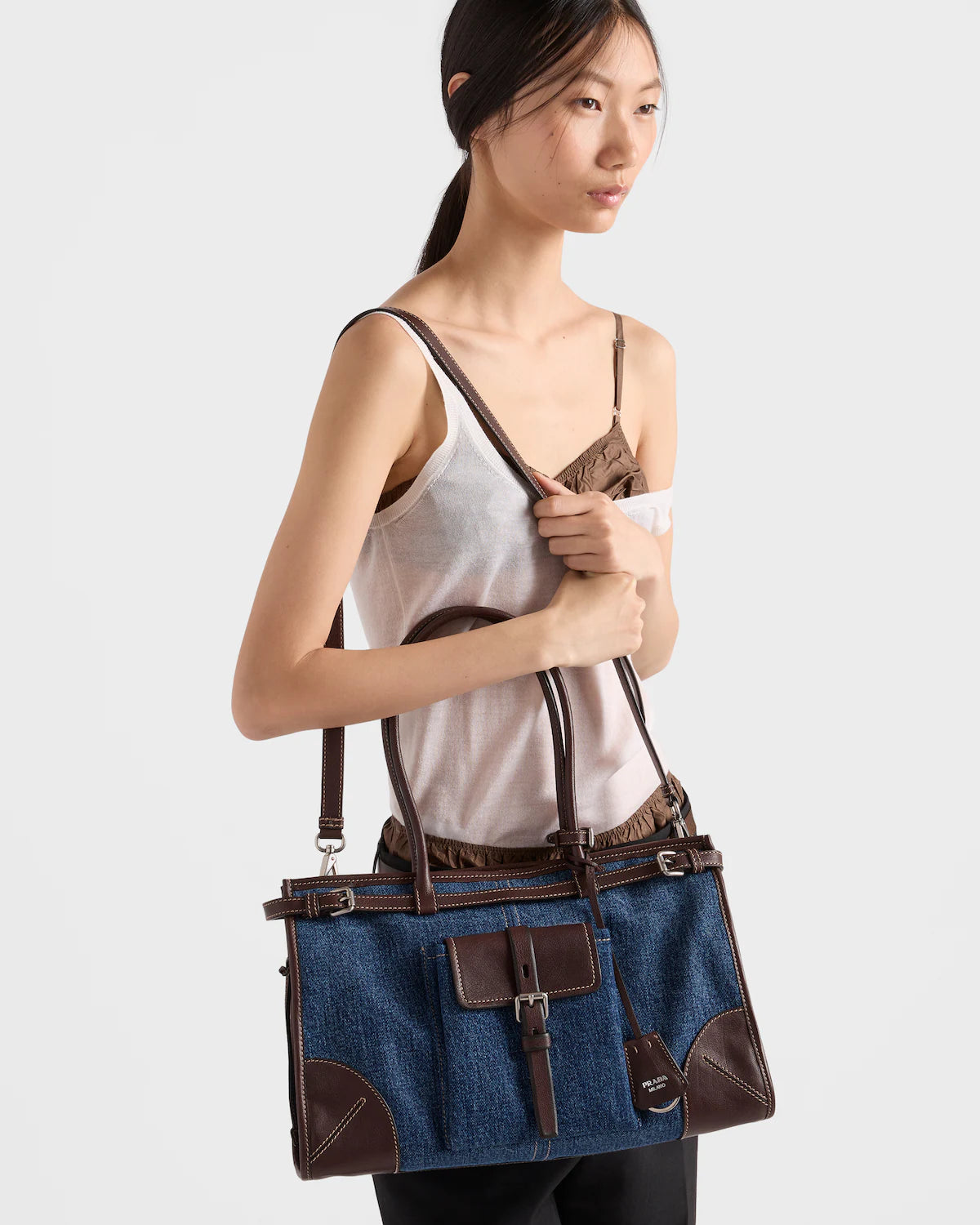 Grand sac à main Bonnie en denim et cuir