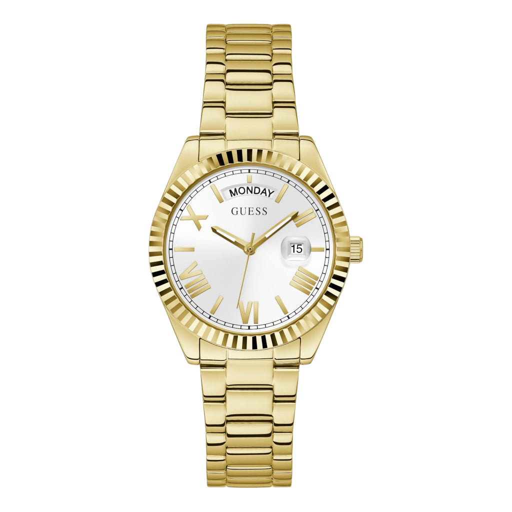Montre Gûess Luna avec cadran blanc et bracelet en acier doré pour femme - GW0308L2