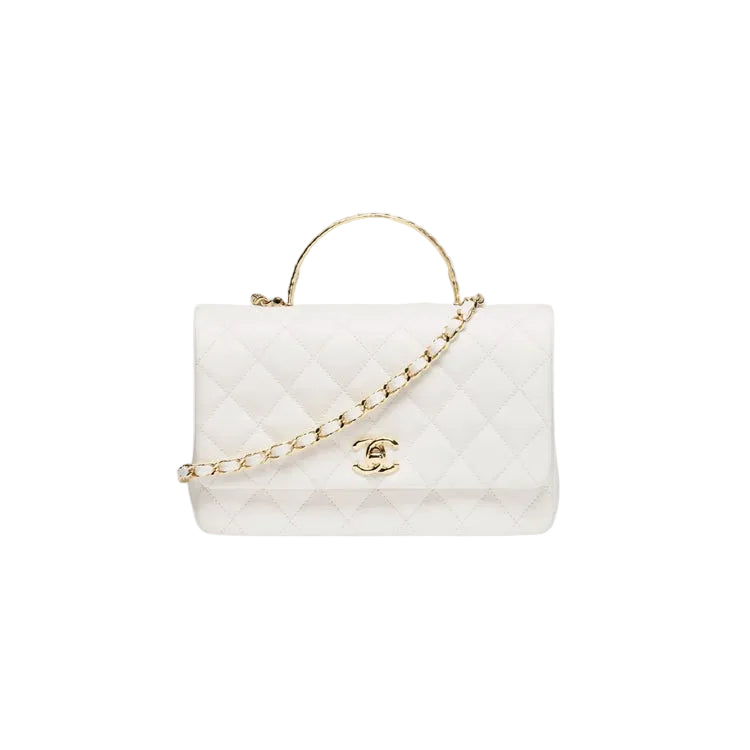 CH@NEL Petit sac à rabat avec anse supérieure,finitions métalliques dorées, blanc