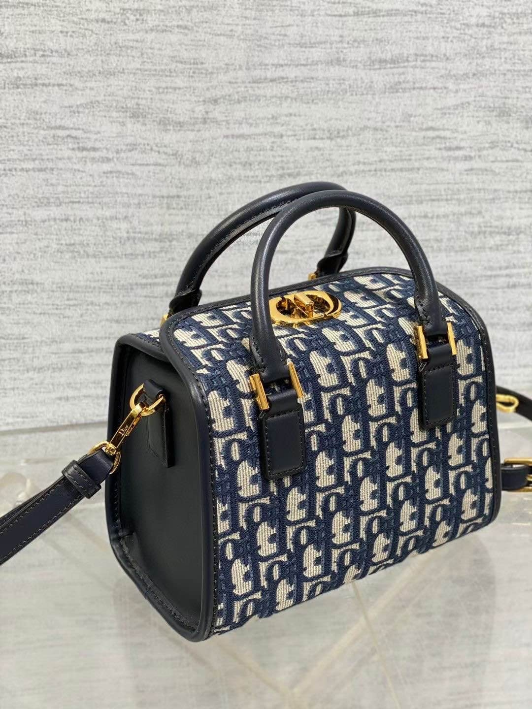 Di*r Small Boston Bag Blue Di*r Oblique Embroidery