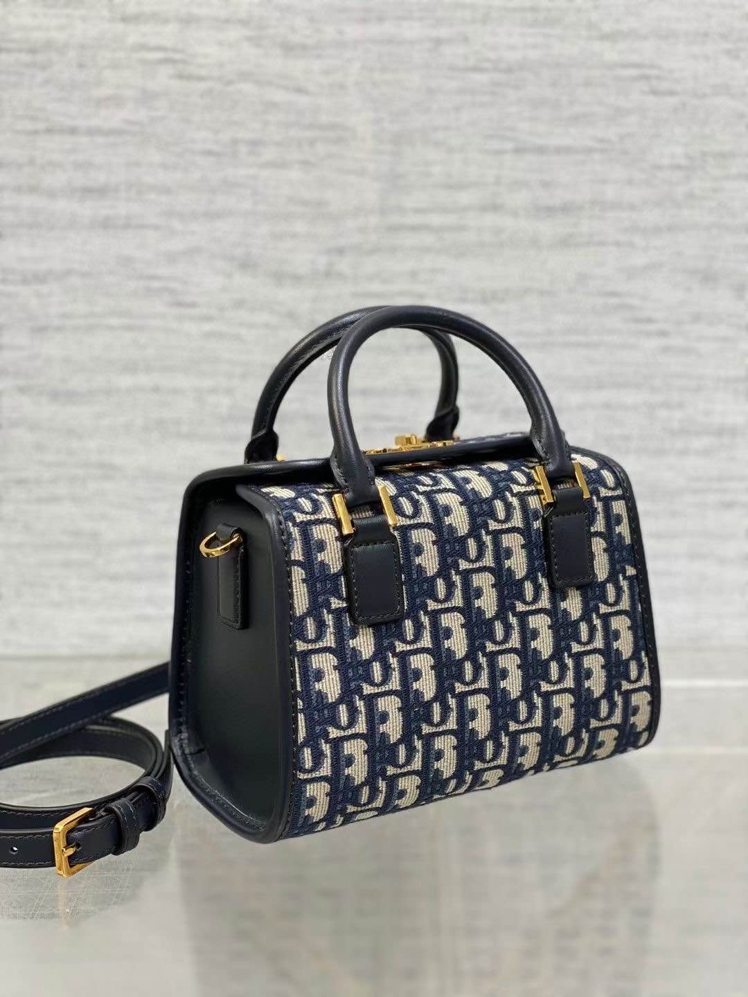 Di*r Small Boston Bag Blue Di*r Oblique Embroidery