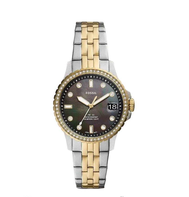 Montre pour femme Fossil ES4997 avec cadran noir orné de cristaux et bracelet en acier inoxydable bicolore