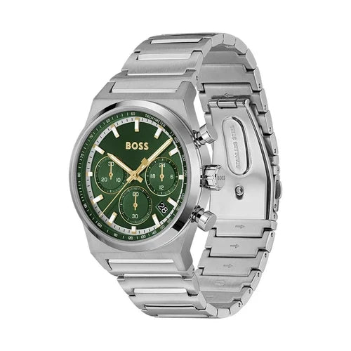 Montre chronographe à cadran vert en acier argenté