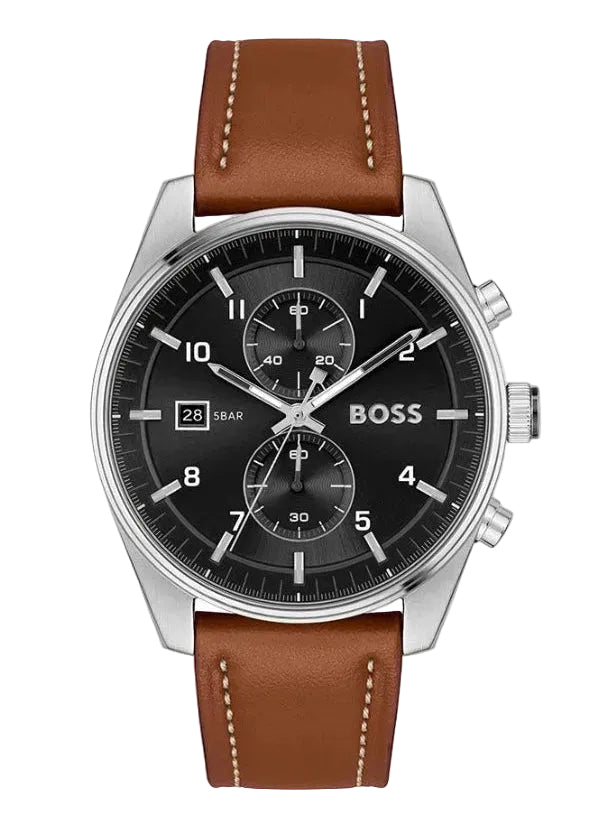 Montre Boss SKYTRAVELLER Montre chronographe à cadran noir et bracelet en cuir marron