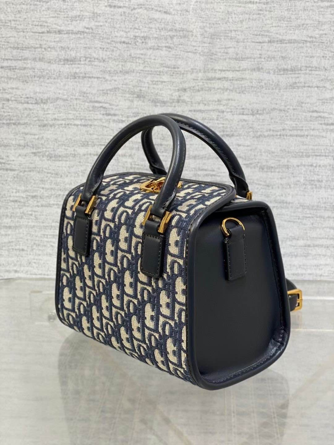 Di*r Small Boston Bag Blue Di*r Oblique Embroidery