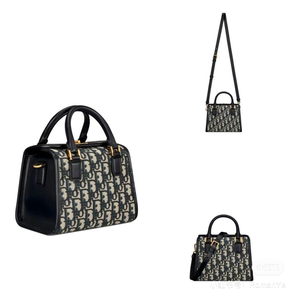 Di*r Small Boston Bag Blue Di*r Oblique Embroidery