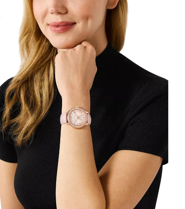 MK Montre Sage pavée de cristaux et de couleur or rose, avec bracelet en cuir gaufré effet crocodile