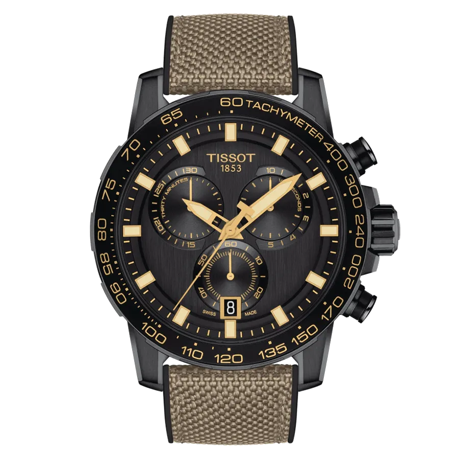 Tissot Supersport Chrono quartz black dial beige caoutchouc strap 45,5 mm