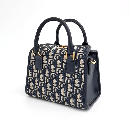 Di*r Small Boston Bag Blue Di*r Oblique Embroidery