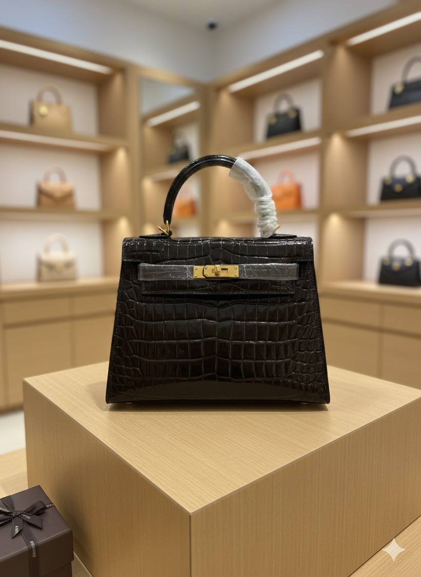 HRMS Sac Kelly 28 Sellier en alligator Mississippiensis noir brillant