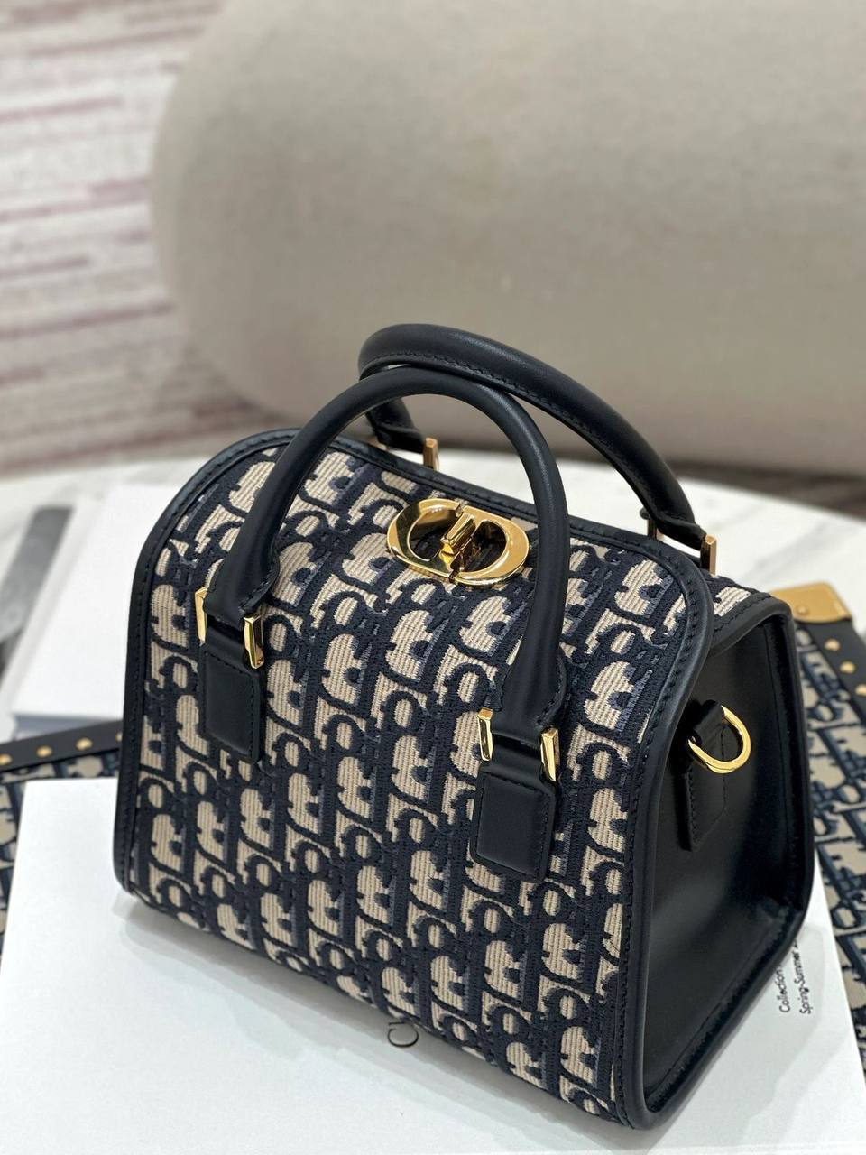 Di*r Small Boston Bag Blue Di*r Oblique Embroidery