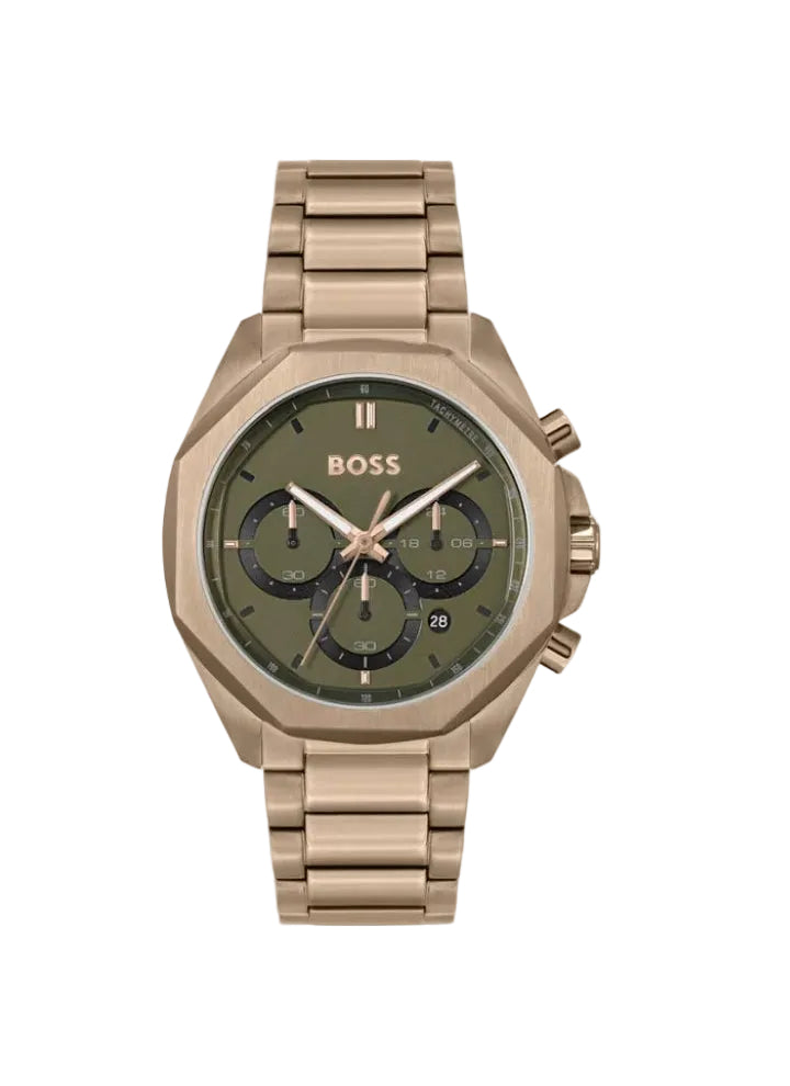 Montre Hugo Boss chronographe dorée avec bracelet à maillons