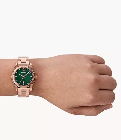 Montre Empôriô Armani à trois aiguilles avec date, en acier inoxydable, doré rose
