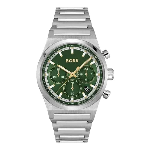 Montre chronographe à cadran vert en acier argenté