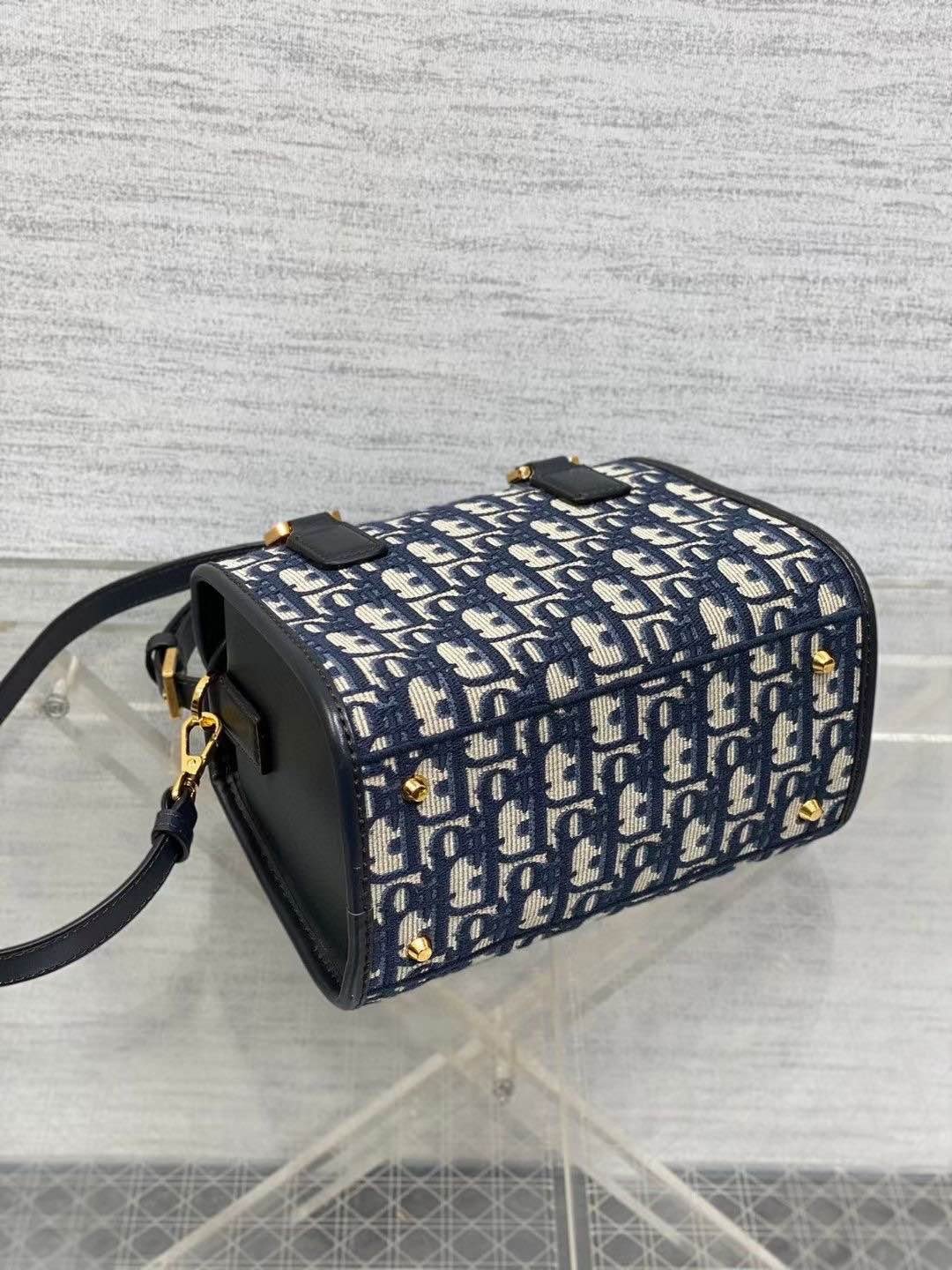 Di*r Small Boston Bag Blue Di*r Oblique Embroidery