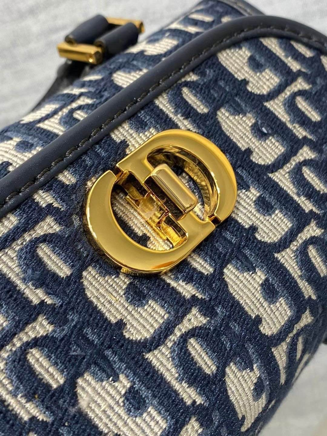 Di*r Small Boston Bag Blue Di*r Oblique Embroidery