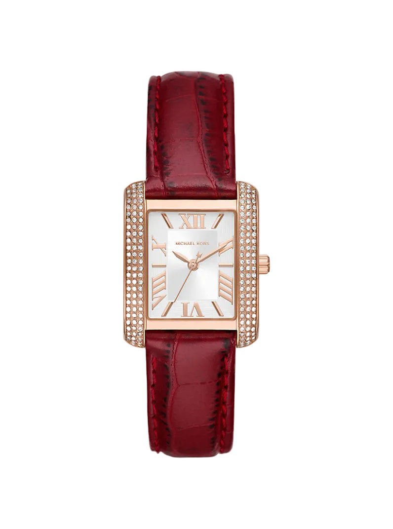 MK Montre Emery miniature de ton or rose à pavé et à bracelet en cuir gaufré à motif crocodile