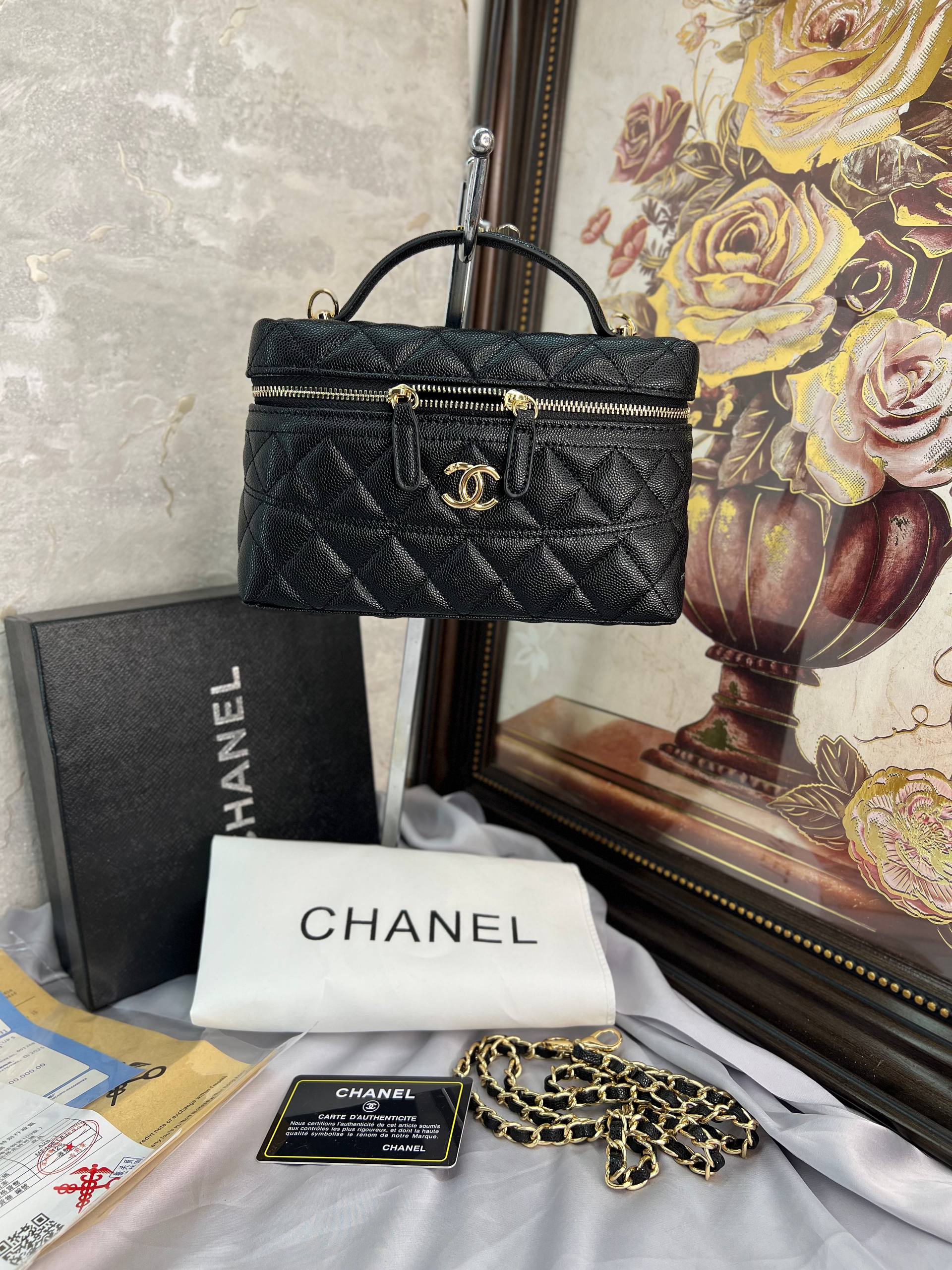 Sac à main long Ch@nel CC avec poignée supérieure et chaîne,caviar noir et finitions or clair