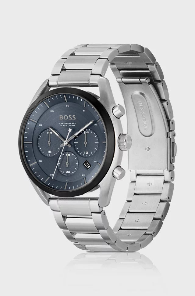 Bôss montre chronographe avec cadran bleu et bracelet à maillons