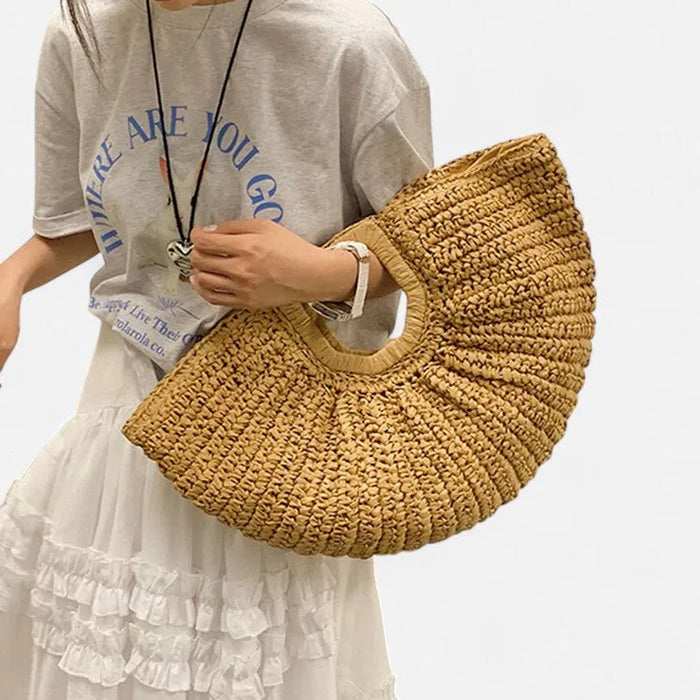 YSL Grand sac à main demi-lune en paille Naïa